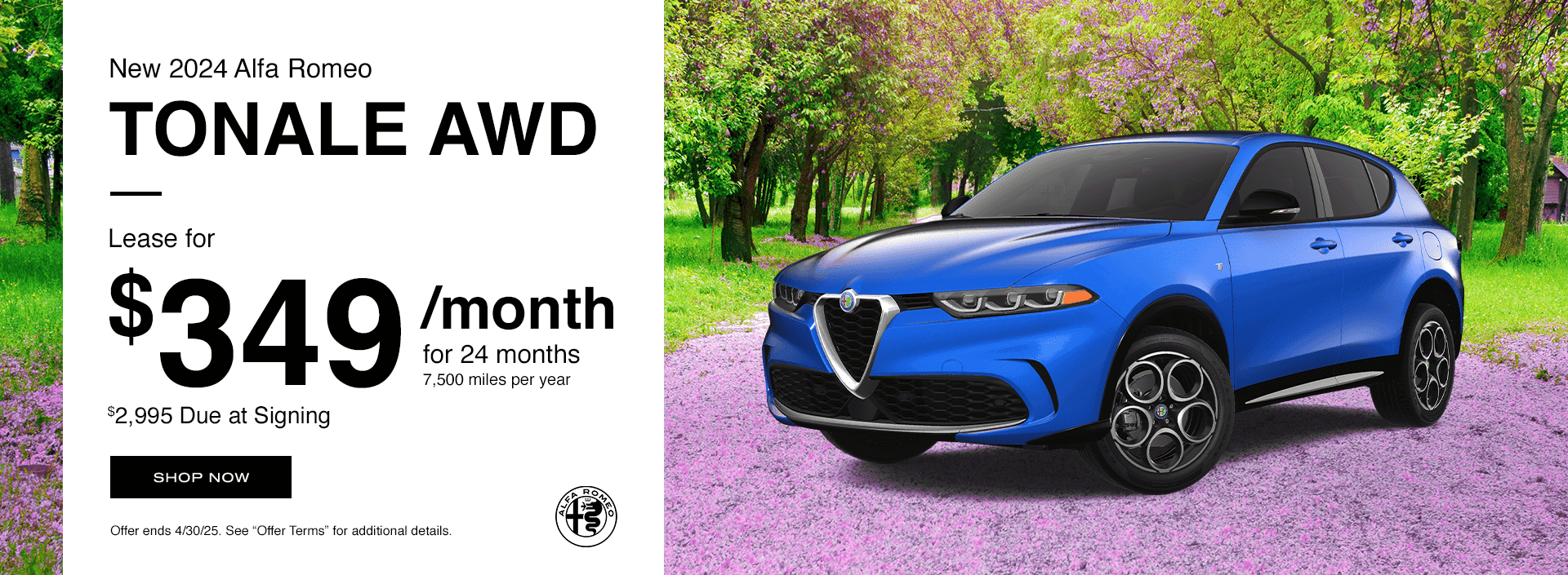 NEW 2024 ALFA ROMEO TONALE EAWD Subtext Lease for $349/mo for 24 Months 7,500 Miles per Year $2,995 Due at Signing