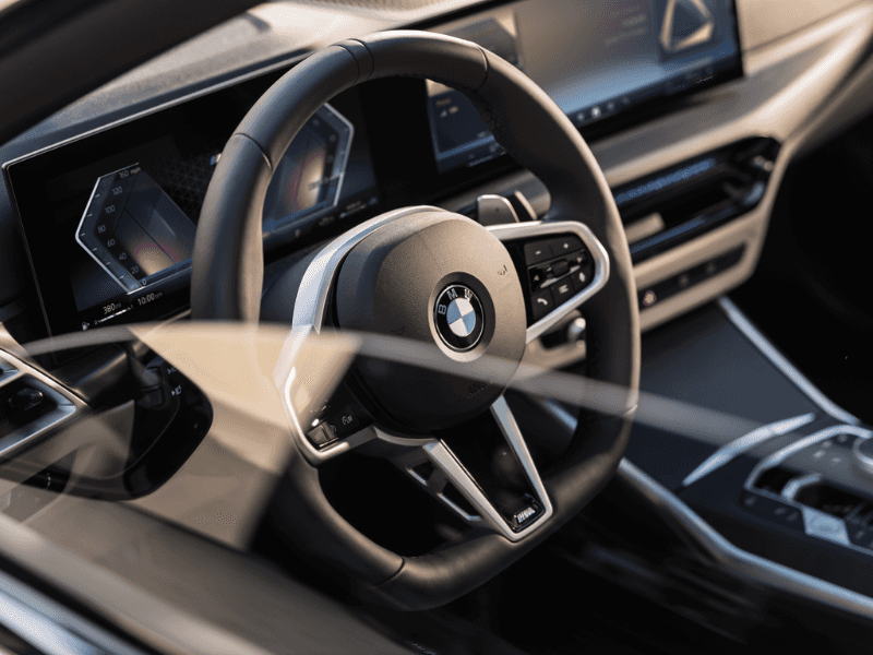 BMW 330i dashboard and steering wheel