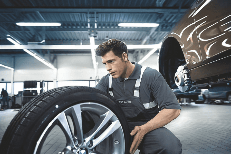 BMW service technician handling a wheel and tire beside a vehicle on a lift