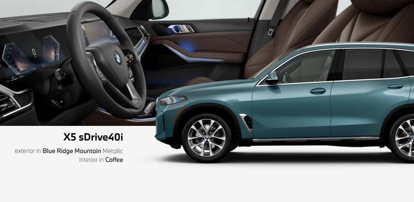 X5 sDrive40i exterior in Blue Ridge Mountain Metallic and interior in Coffee