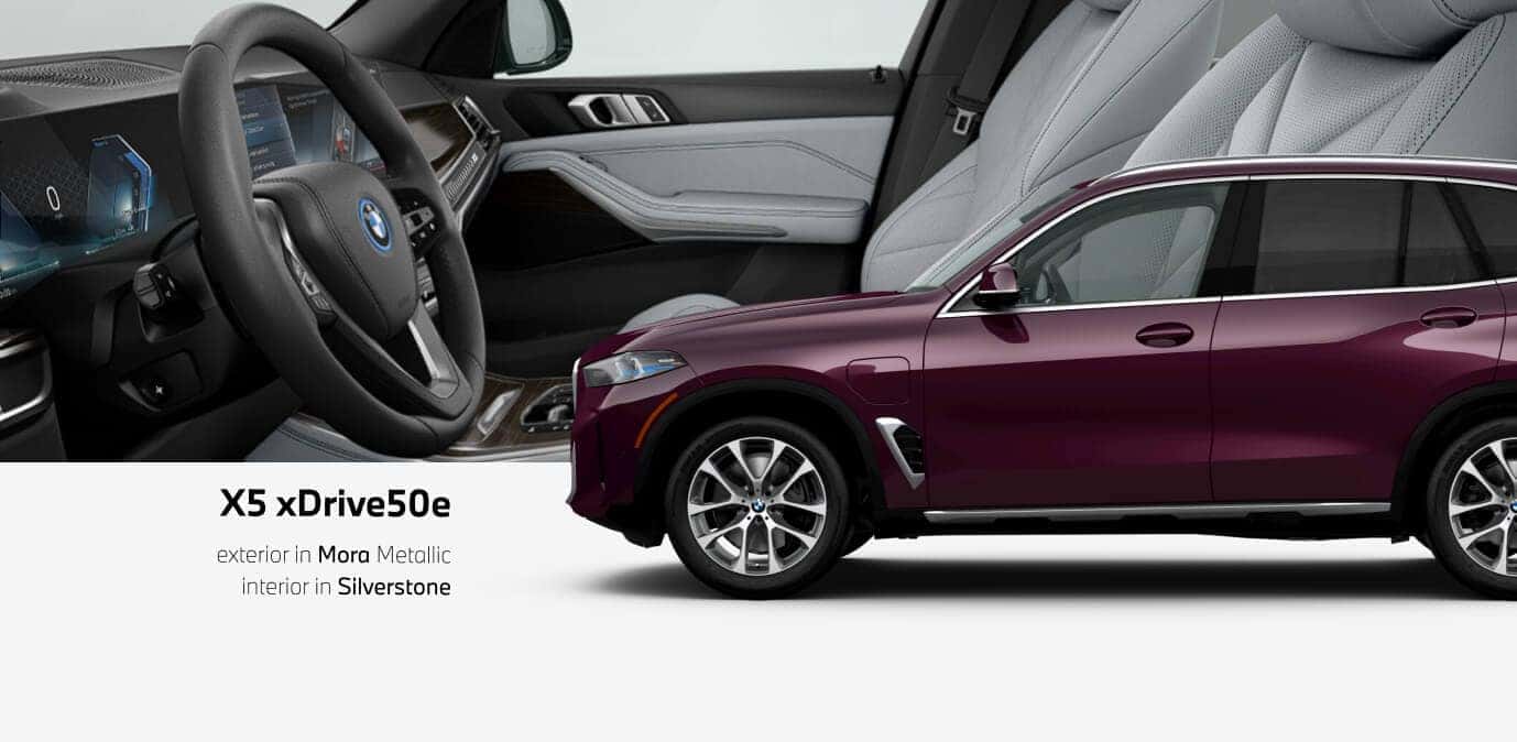 xDRIVE50e exterior in Mora Metallic and interior in Silverstone
