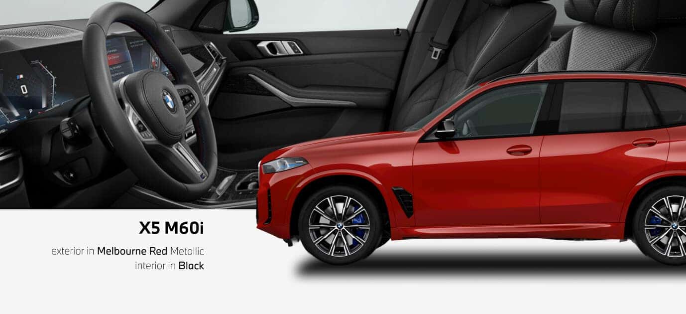 M60i exterior shown in Melbourne Red and interior in Black