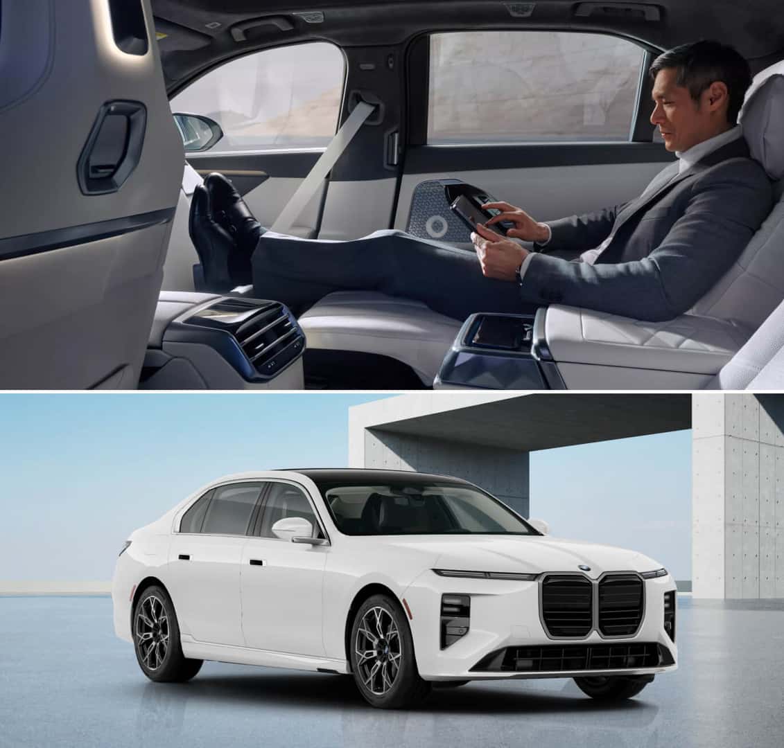  Interior shot of a man relaxing in the rear seat of a BMW 7 Series. An exterior three-quarter view of a white 7 Series Sedan in a bright modern lot.	