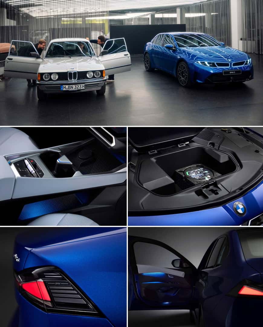 Collage of 2027 BMW i3 interior and exterior details with an external view of a 2027 i3 parked next to an older BMW model in a design room.