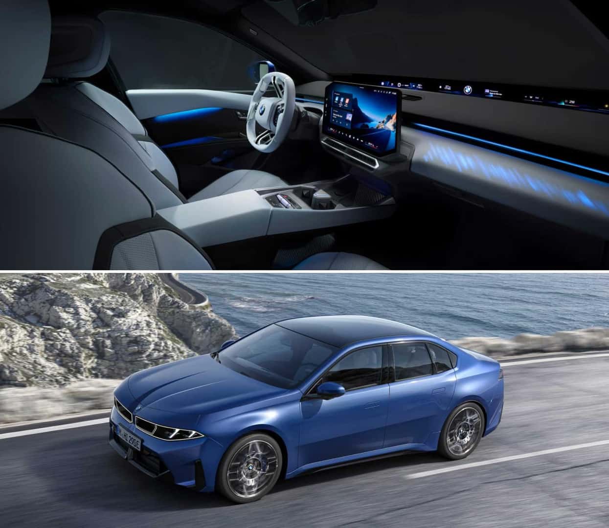 Interior shot showing the BMW i3 cockpit from the passenger perspective. External shot of a blue i3 driving down a highway.