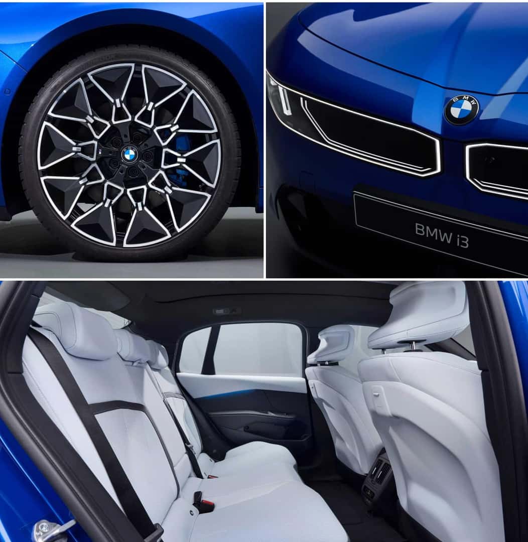 Close-up shots of 2027 i3 exterior and interior details including wheels, grillle, and rear passenger seat upholstery.