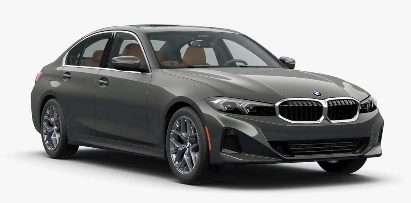 BMW 330i xDrive Sedan in Dravit Grey Metallic shown in three-quarter angle.