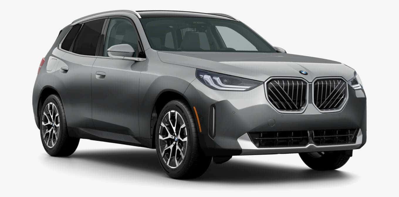 BMW X3 30 xDrive in Skyscraper Grey Metallic shown in three-quarter angle.