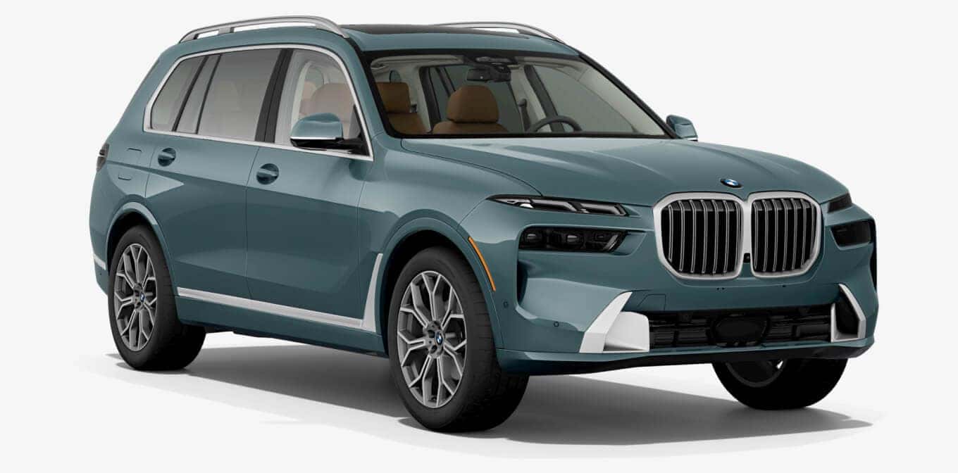 BMW X7 xDrive40i in Blue Ridge Mountain Metallic shown in three-quarter angle.