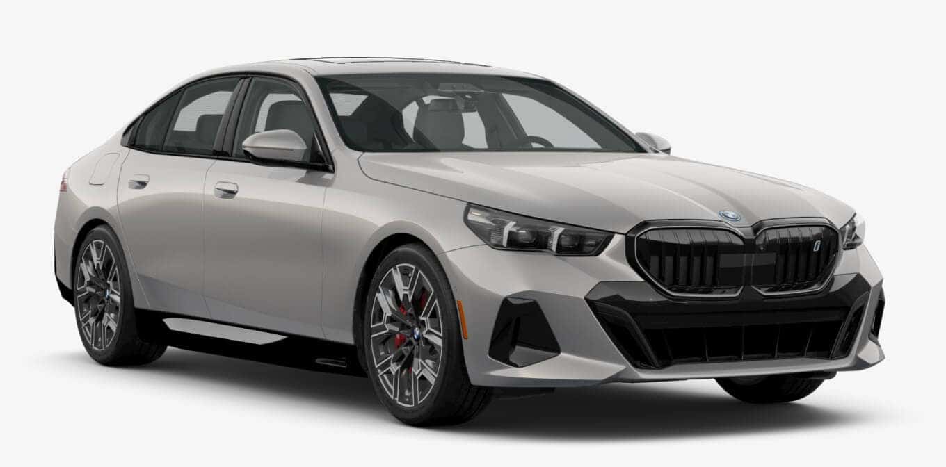 BMW i5 xDrive40 in Oxide Grey Metallic shown in three-quarter angle.