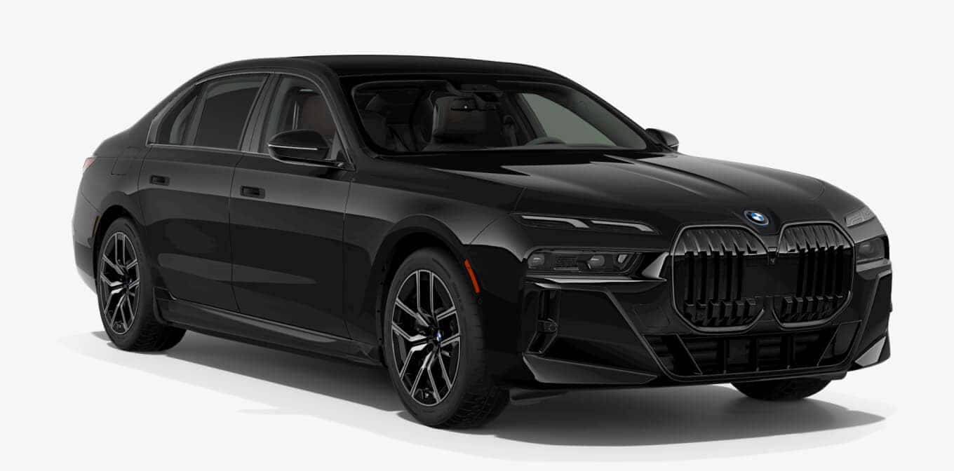 BMW i7 eDrive50 in Black Sapphire Metallic shown in three-quarter angle.
