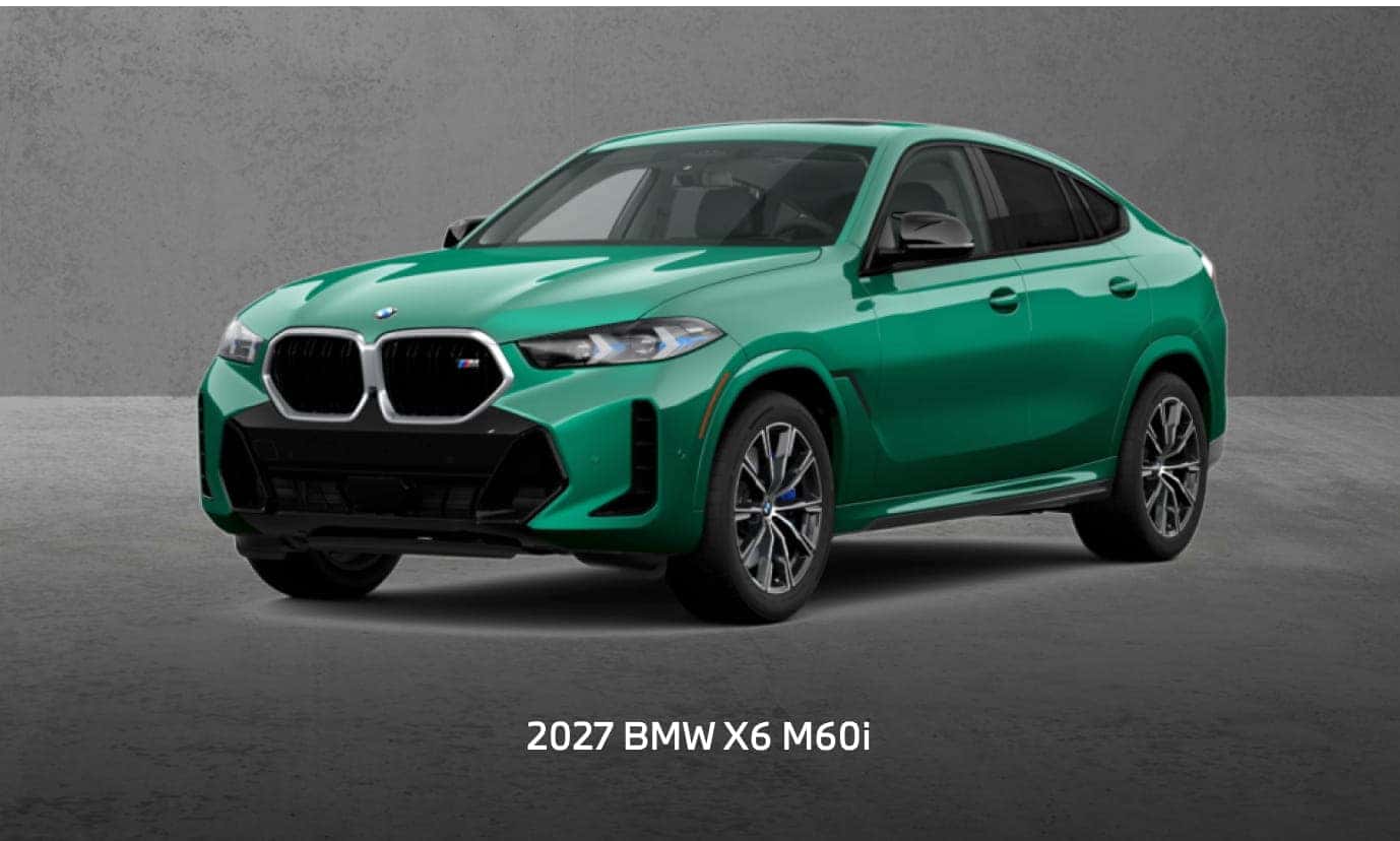 2027 BMW X6 M60i in green shown from a front three-quarter view.