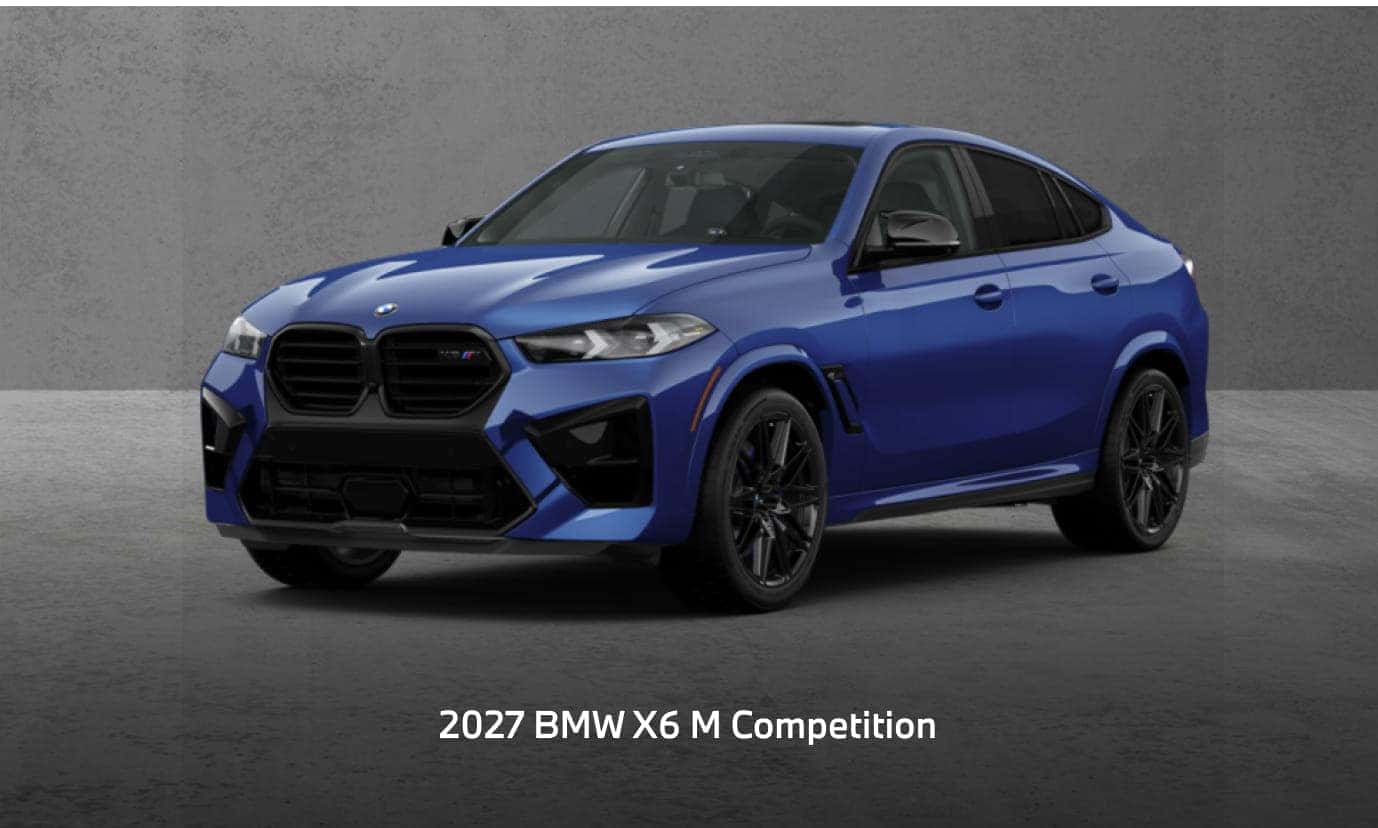 2027 BMW X6 M Competition in blue shown from a front three-quarter view.