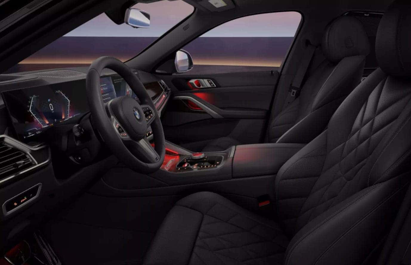 2027 BMW X6 interior with black leather seating, curved digital displays, and red ambient lighting.