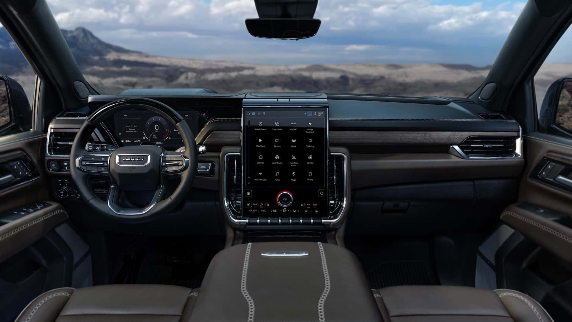 Interior view of the 2025 GMC Yukon Denali Ultimate showing the 16.8-inch-diagonal, portrait-orientation infotainment touch screen.
