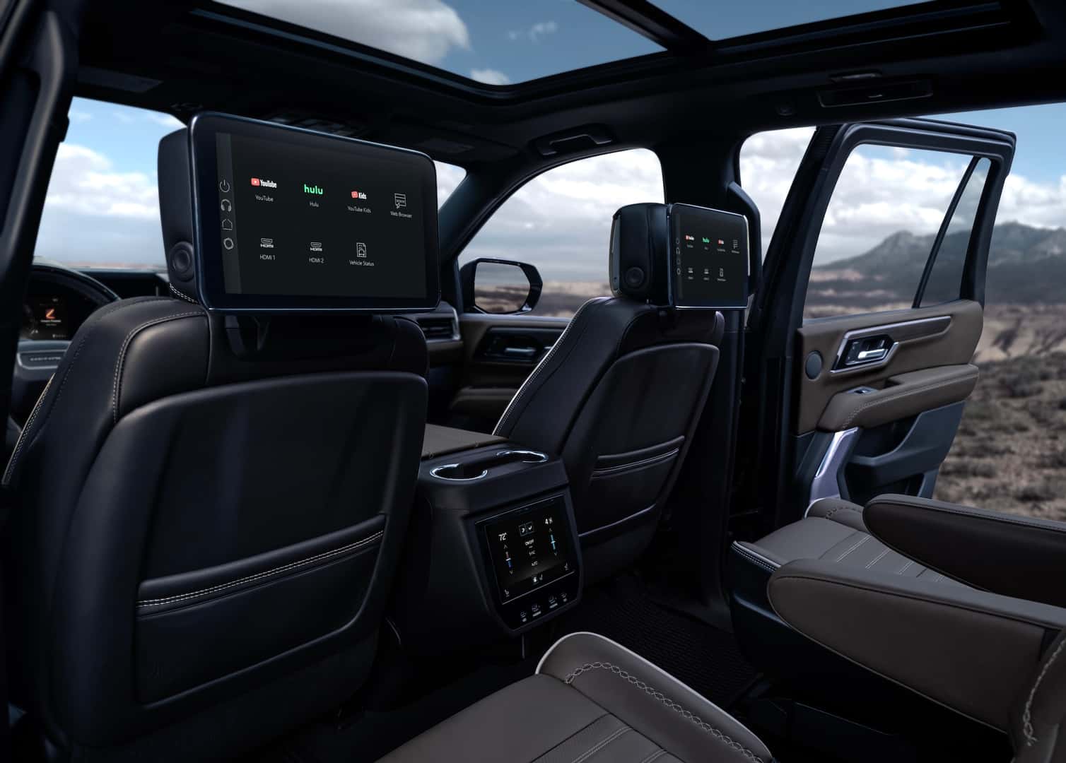 Interior view of the 2025 GMC Yukon Denali Ultimate from 2nd row seating.
