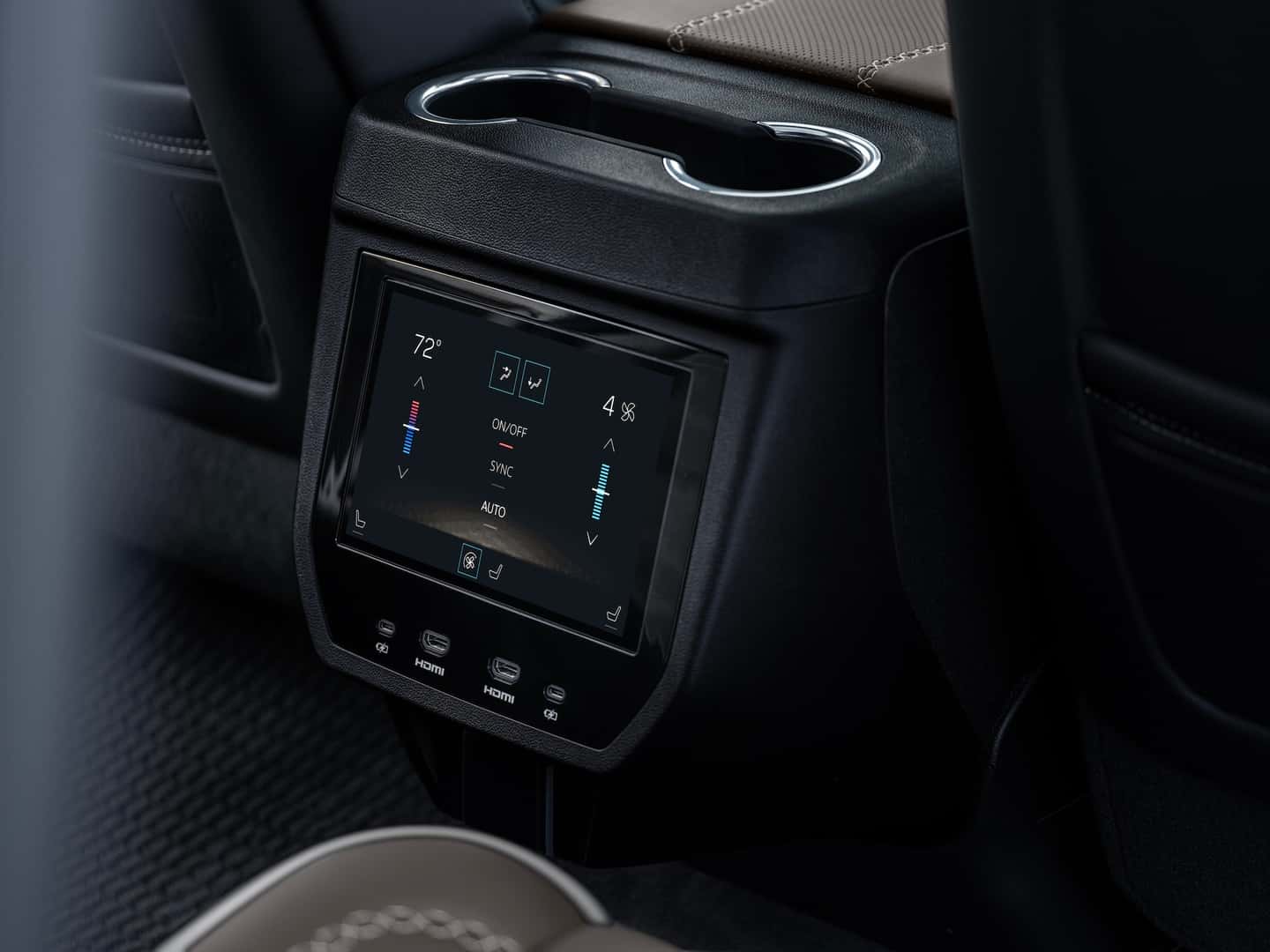 Interior view of the 2025 GMC Yukon Denali Ultimate showing the 8-inch Rear Touchscreen Climate Control.