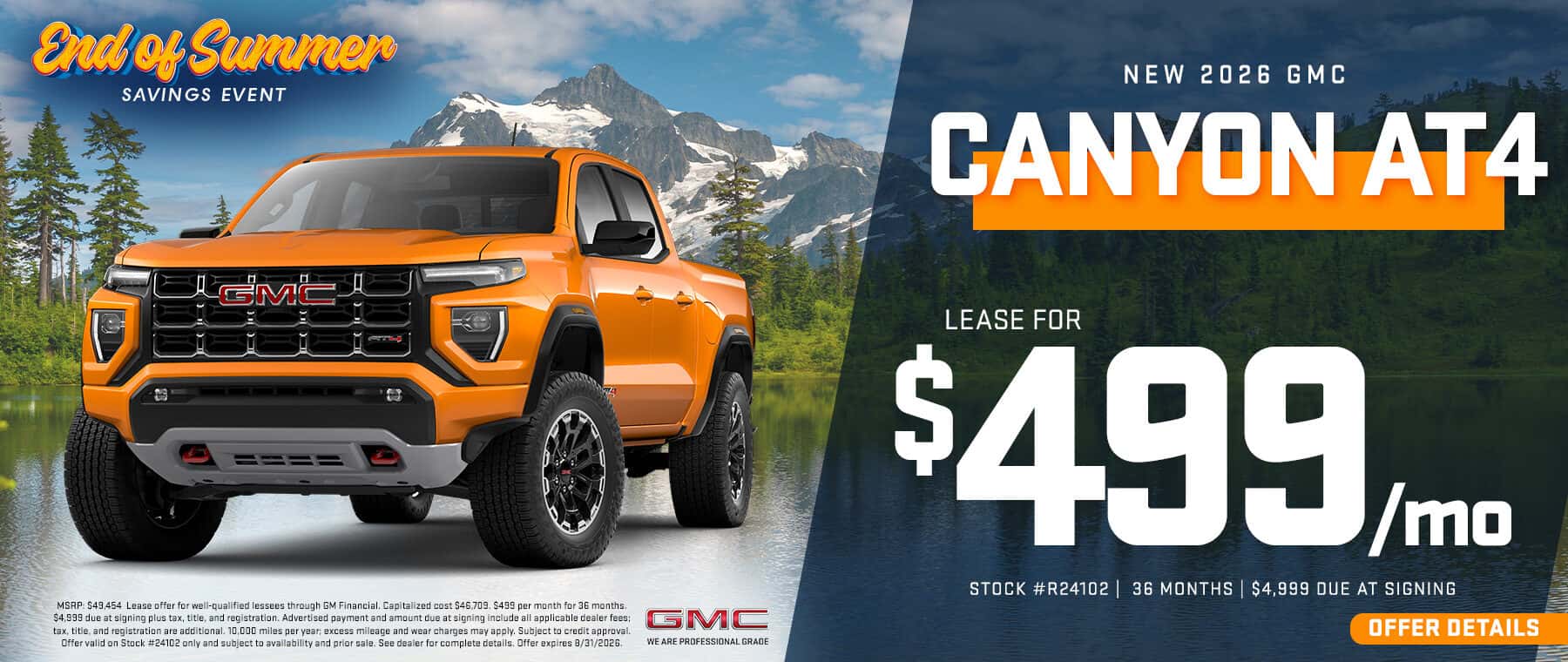 2026 GMC Canyon AT4 LEASE OFFER $499/month for 36 months 