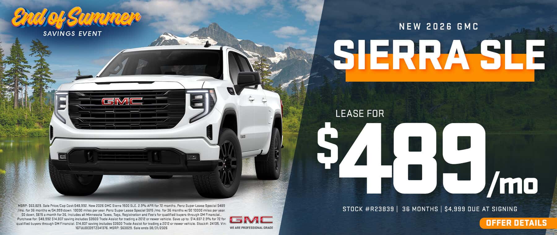2026 GMC Sierra SLE LEASE OFFER $489/month for 36 months 