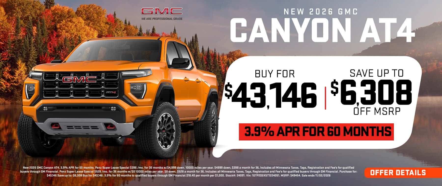2026 GMC Canyon AT4 | 3.9% APR for 60 months | Purchase for $43,146 | Save up to