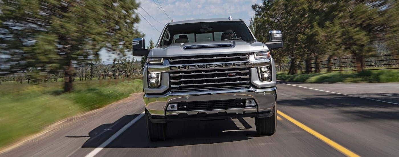 A silver 2020 Chevy Silverado 2500 HD Z71 shown driving from front.