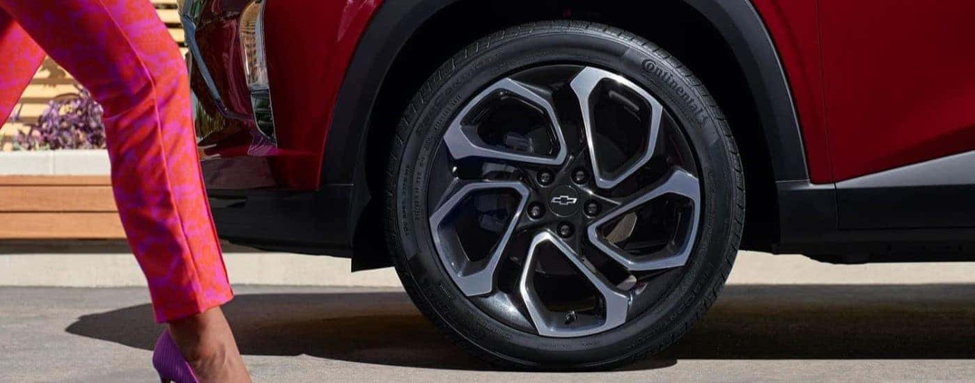 Tire on a red 2024 Chevy Trax RS.