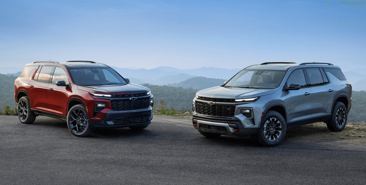 front view of two 2024 Chevy Traverse models parked
