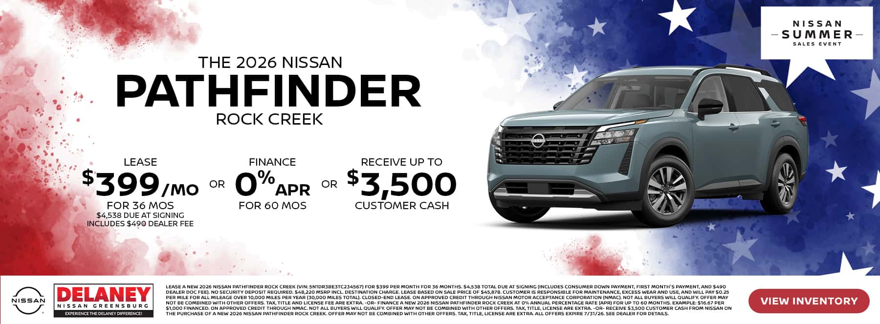 2026 Nissan Pathfinder Rock Creek $399/month for 36 months