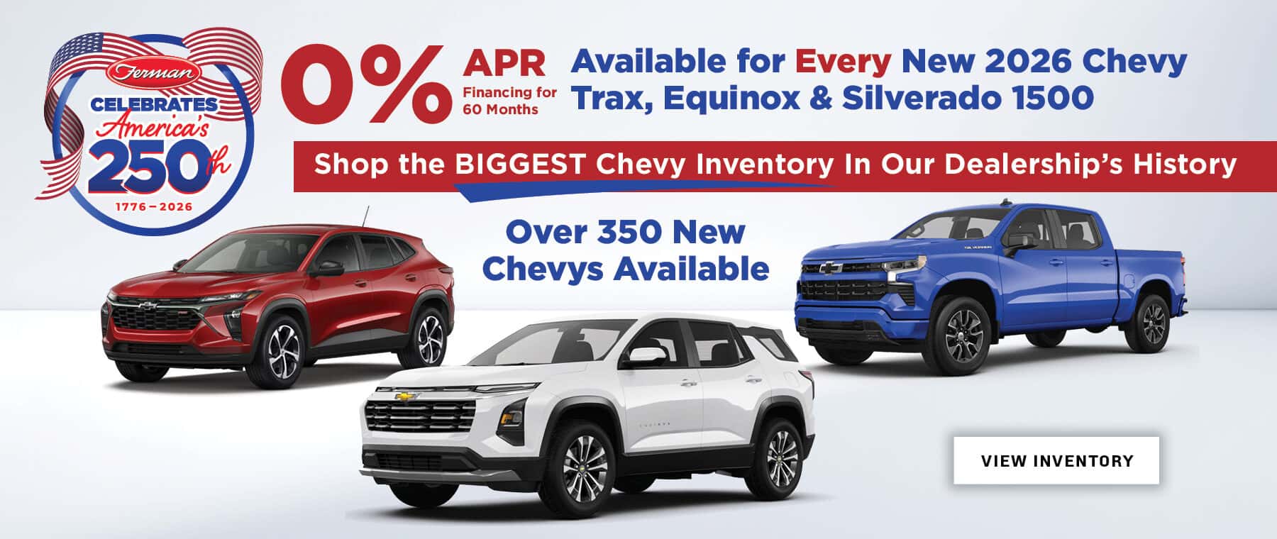 0% APR for 5 years on New 2026 Chevy Trax, Equinox and Silverado 1500