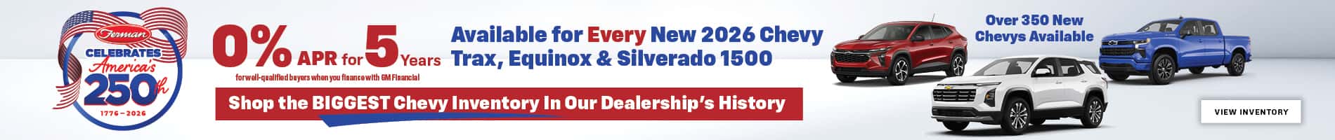 0% APR for 5 years on New 2026 Chevy Trax, Equinox and Silverado 1500