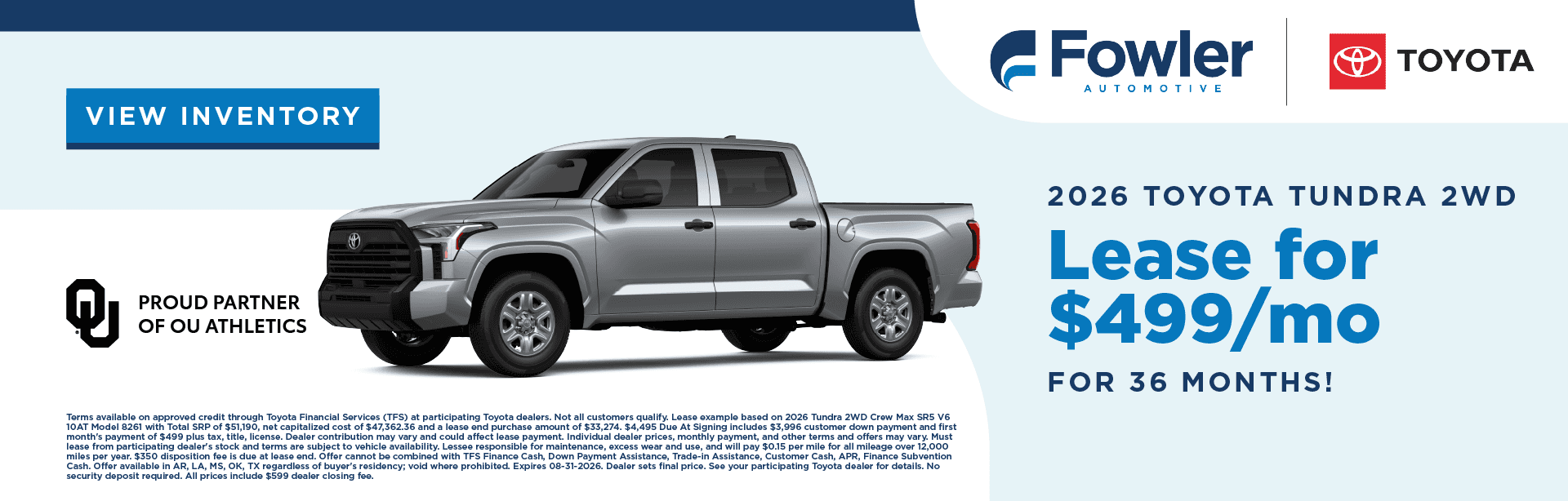 2026 Toyota Tundra 2WD Lease for $499 per month for 36 months!