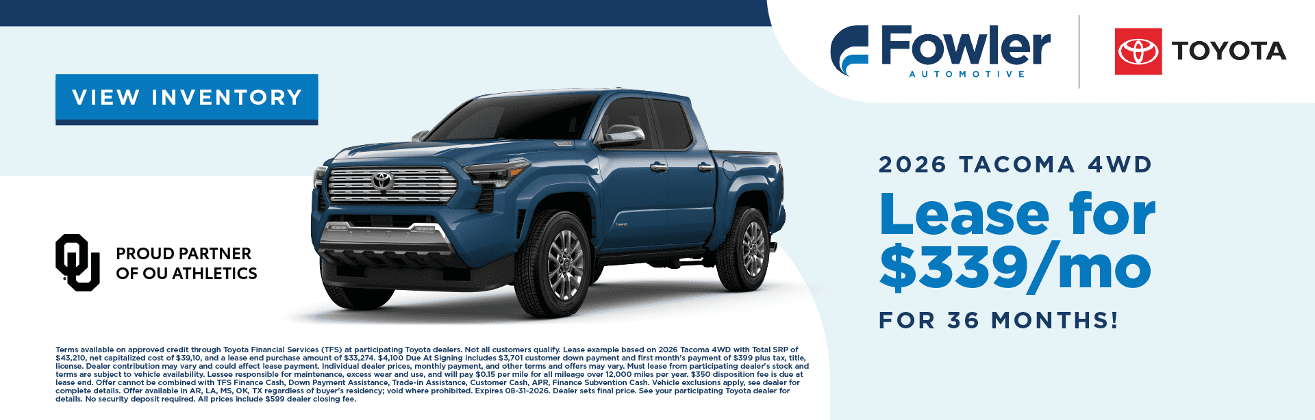 2026 Tacoma 4WD Lease for $339/month for 36 months!