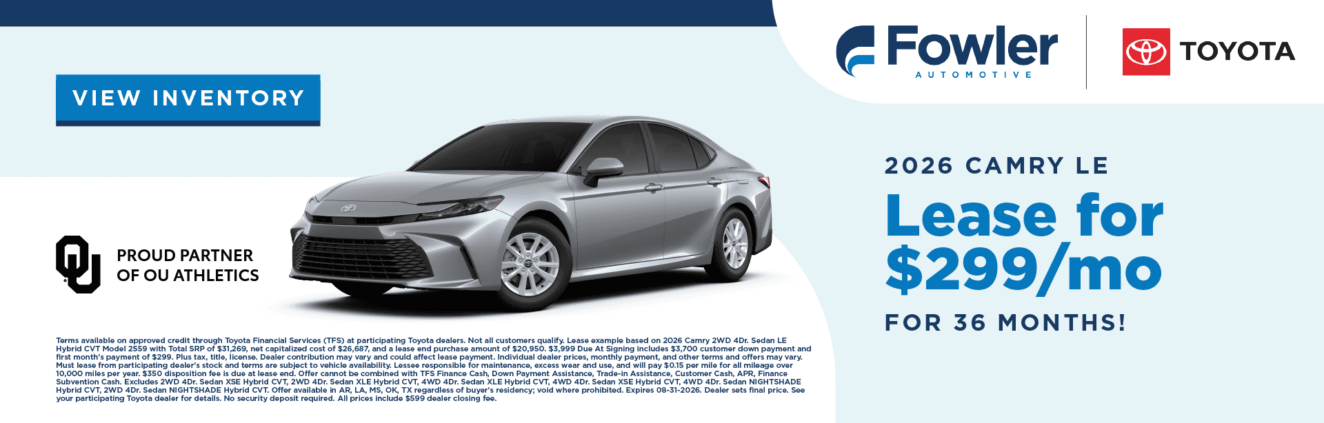 2026 Camry LE Lease for $299/month for 36 months!