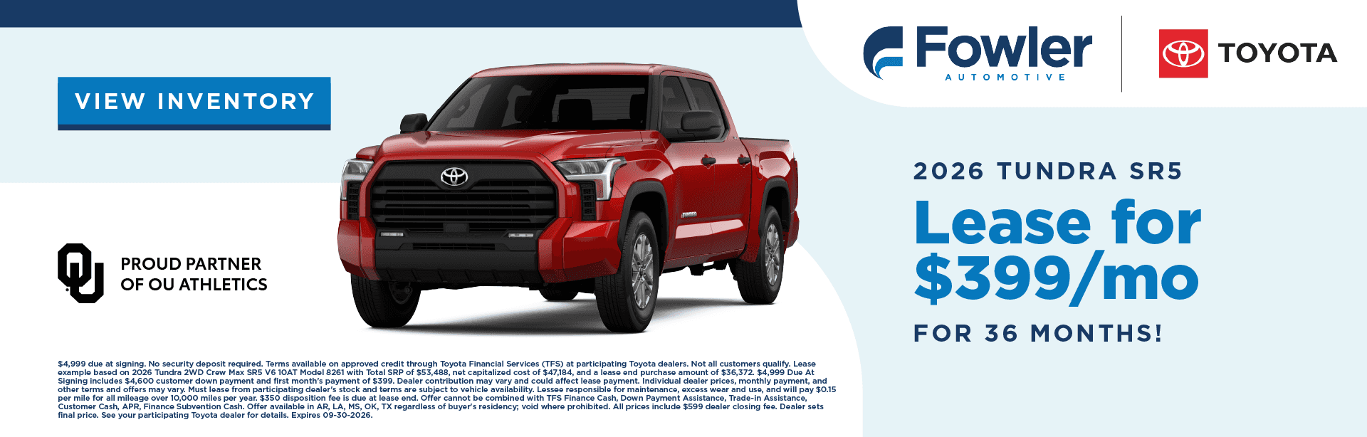 2026 Tundra SR5 - Lease for $399/mo for 36 months