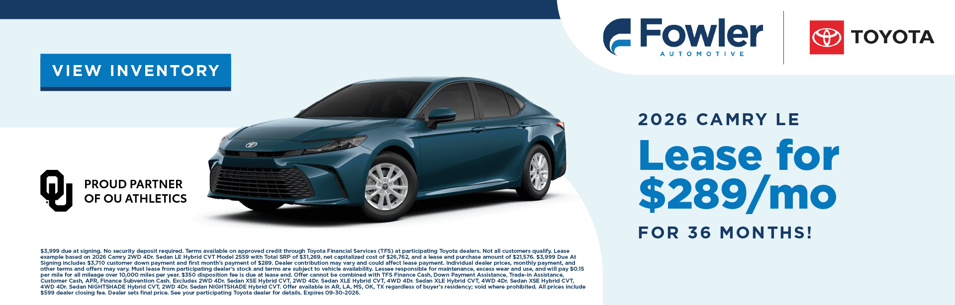 2026 Camry LE - Lease for $289/mo for 36 months