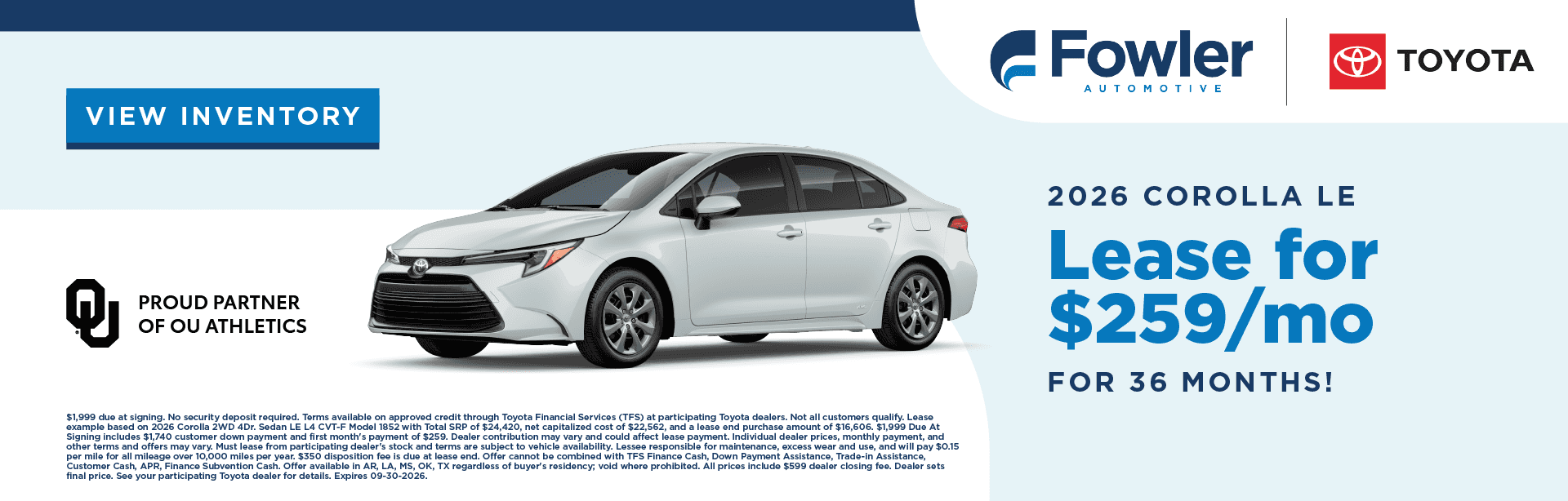 2026 Corolla LE - Lease $259/mo for 36 months