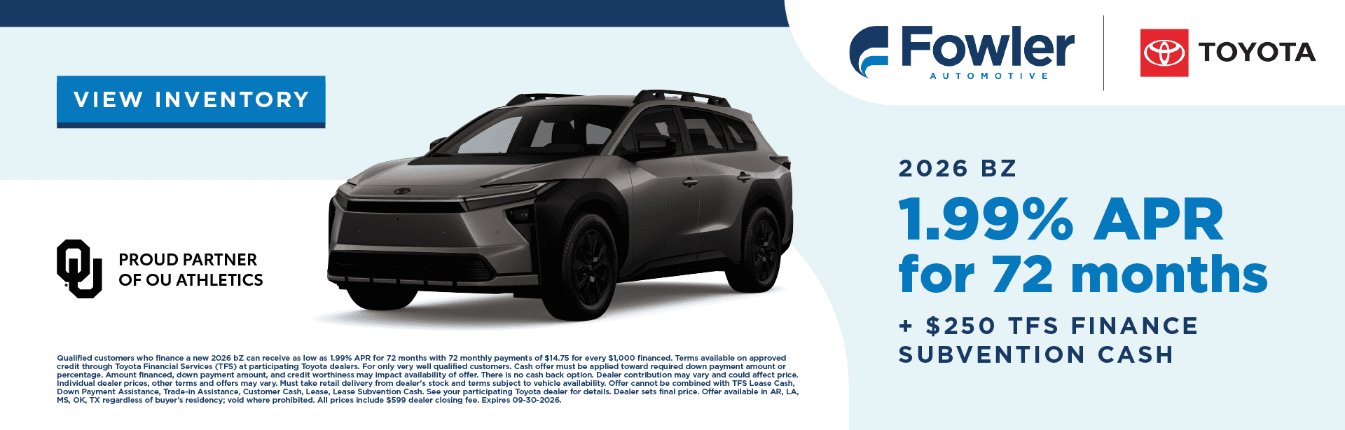 2026 bZ - 1.99% APR for 72 months + $250 TFS Finance Subvention Cash