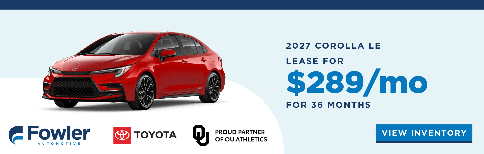 2027 Corolla LE Lease for $289/month for 36 months