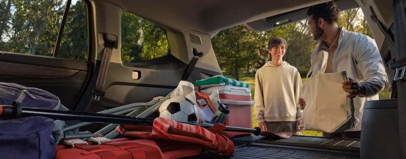 Outdoor gear in the rear cargo area of a 2026 Volkswagen Atlas.