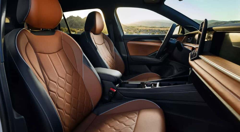 Close up of the first row of a 2026 Volkswage Tiguan in Amber Brown leather.
