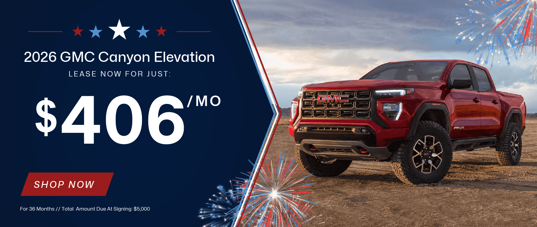 2026 GMC CANYON ELEVATION. Stock number #137096. VIN 1GTP2BEK7T1194653. MSRP $50,165, Sale Price $48,192.70. Lease for $406 per month for 36 months. Down payment $5000. Amount due at signing $5000. Security deposit $0. 59% residual. 10,000 mileage allowance. Offer does not include tax, title, doc fee, or acquisition fee. Three available at this price. Expires 7/31/2026