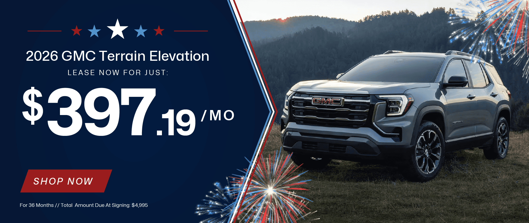 2026 GMC TERRAIN. Stock number #137211. VIN 3GKALUEG4TL460153. MSRP $38,185, Sale Price $36,506.60. Lease for $397.19 per month for 36 months. Down payment $4,995. Amount due at signing $4,995. Security deposit $0. Includes $2,000 rebate for anyone leasing a current vehicle even Non GM/Buick 59% residual. 10,000 mileage allowance. Offer does not include tax, title, doc fee, or acquisition fee. Three available at this price. Expires 7/31/2026