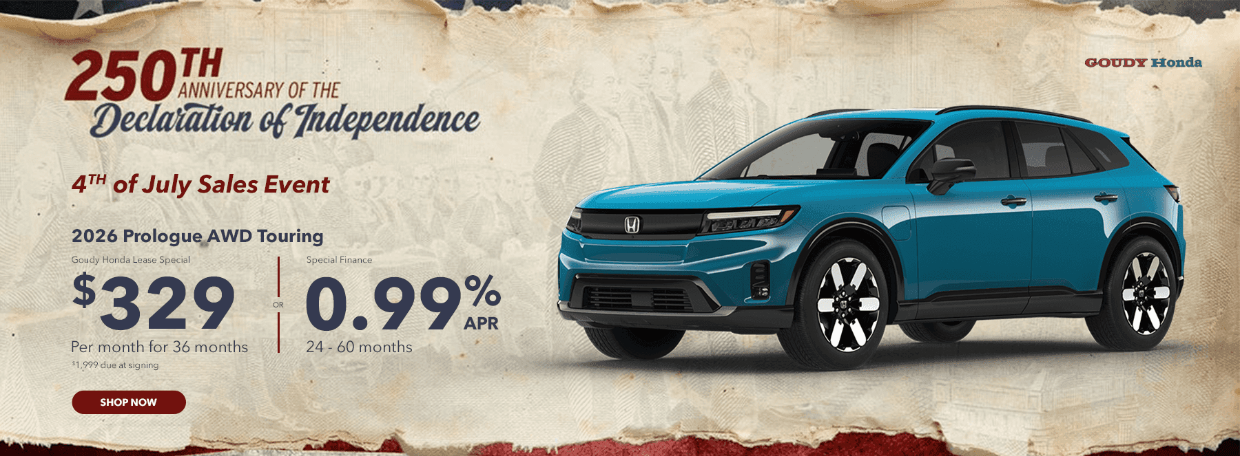 2026 Prologue 2WD Touring Goudy Honda Lease Special $289/month for 36 months $1,999 due at signing