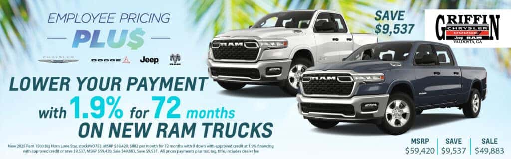 Lower your payment with 1.9% for 72 months on New Ram Trucks.