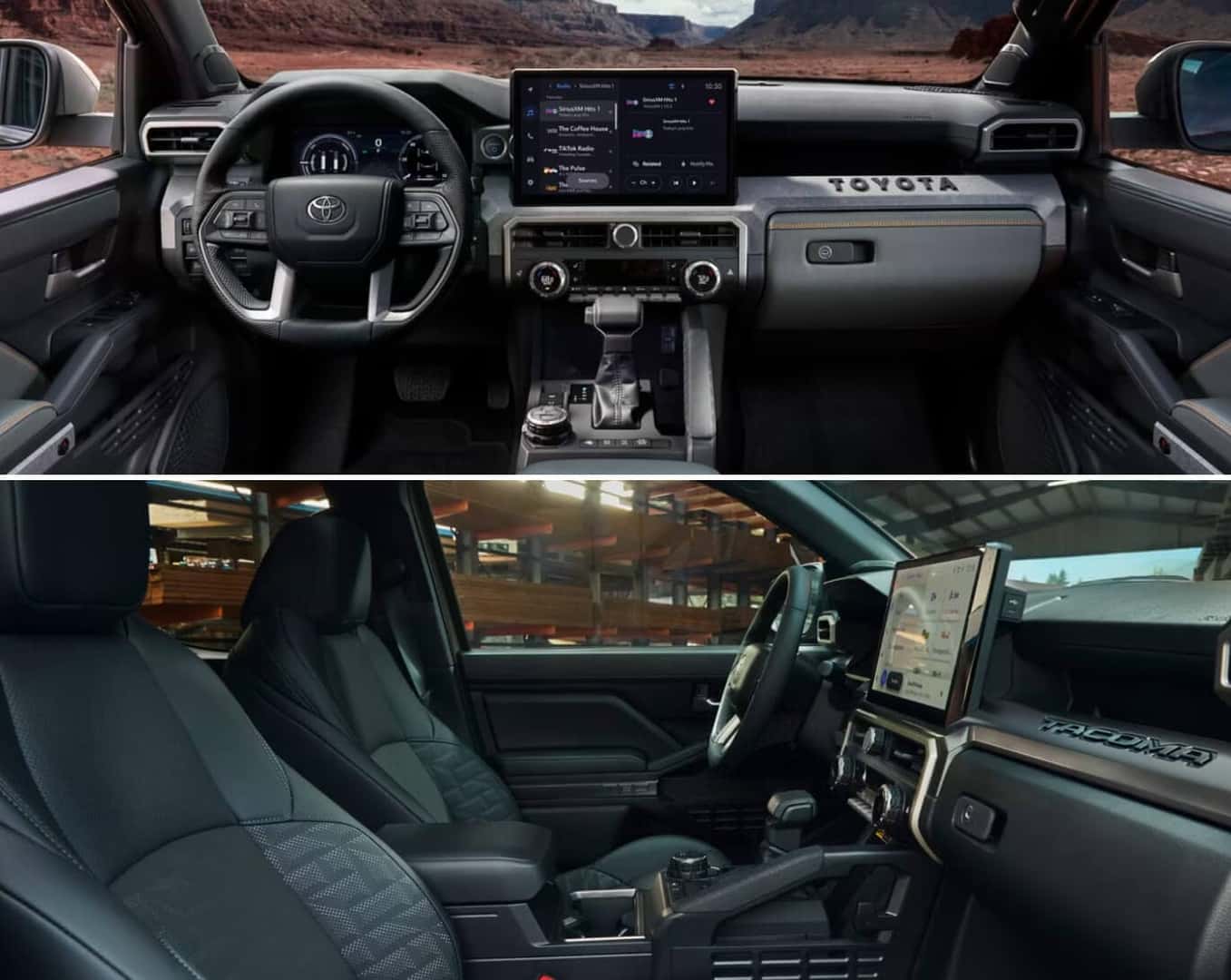 Interior perspective shots showing 2026 Toyota Tacoma cabin features including driver and passenger seats and infotainment system.