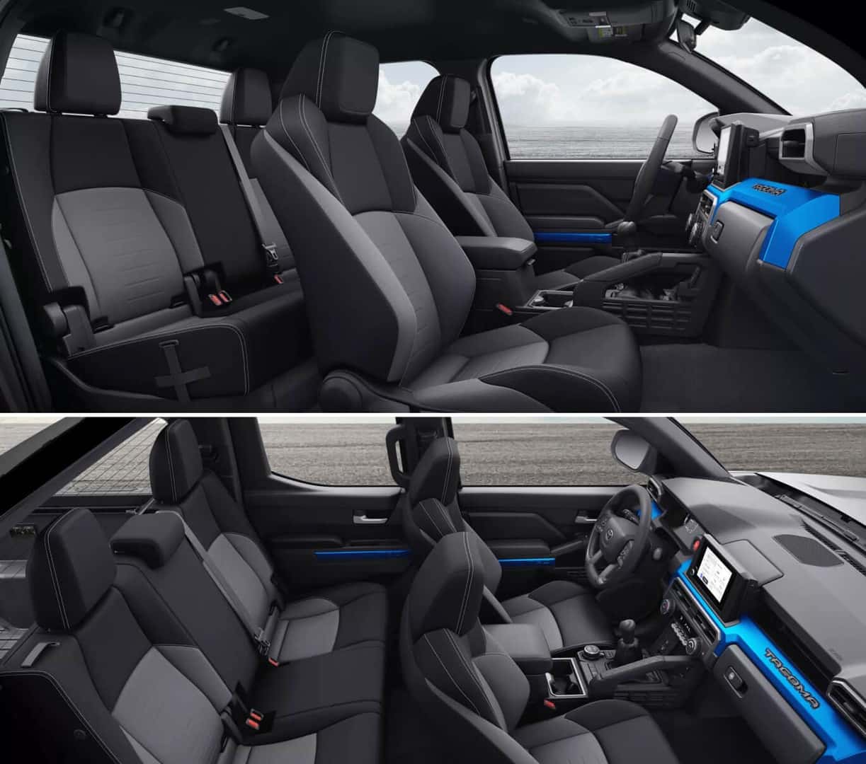 Split image showing the interior cabin space and leg room of a 2026 Toyota Tacoma from a low angle and high angle.