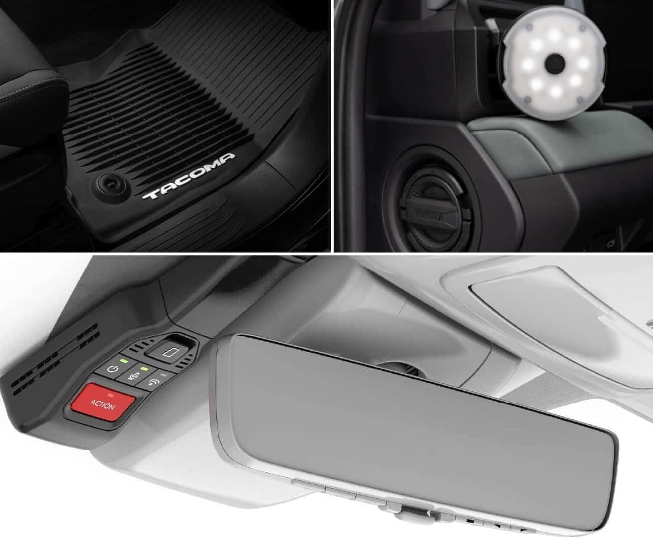 Collage of Toyota Tacoma interior accessories including all-weather floor mats, interior LED and OEM dashcam.