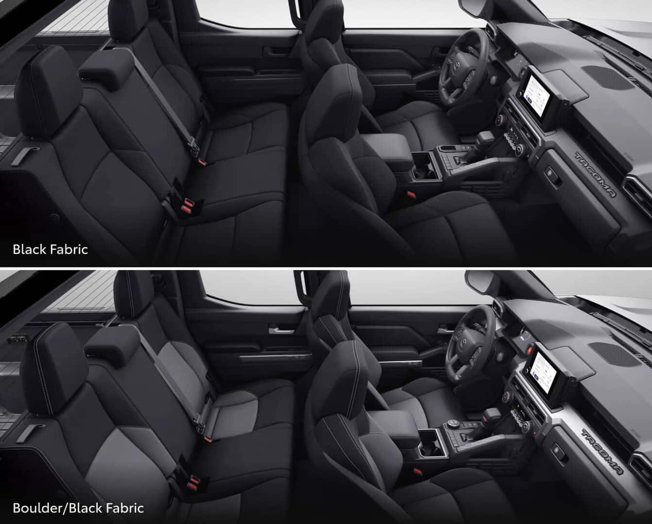 Split image of Tacoma interior color options showing Black fabric and Boulder/Black fabric.