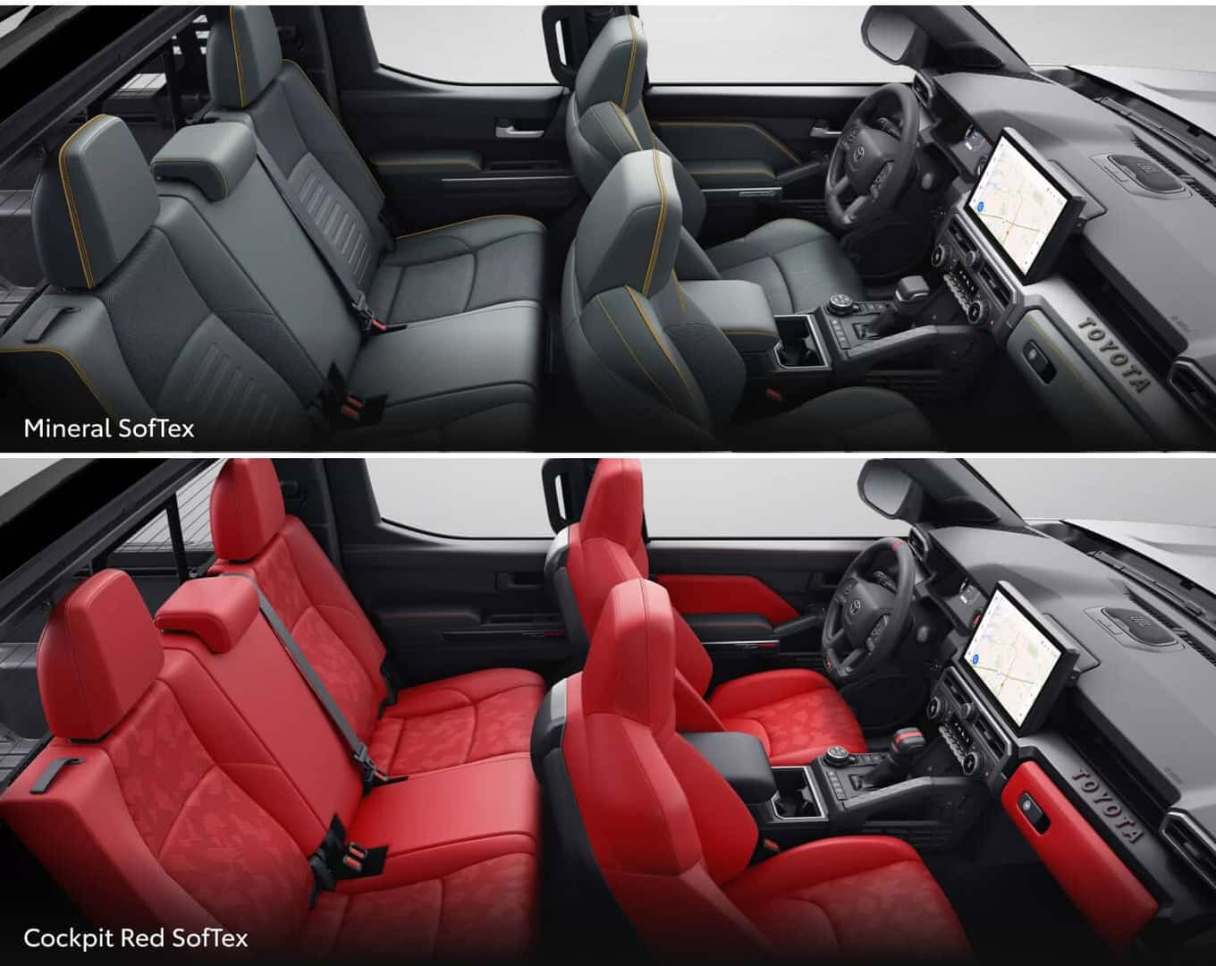 Split image of Tacoma interior color options showing Mineral SofTex and Cockpit Red SofTex.