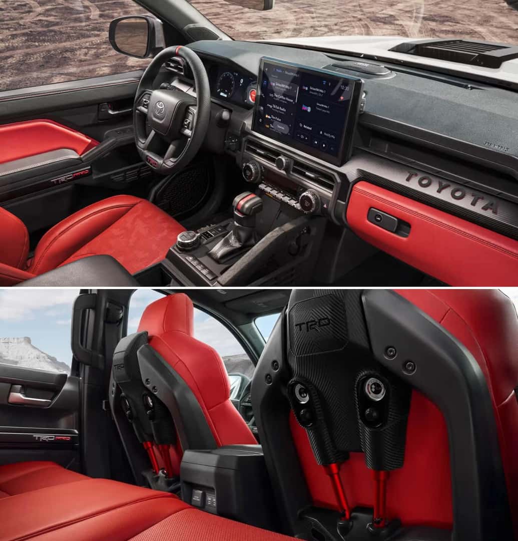 Interior detail shots of a 2026 Toyota Tacoma TRD Pro in Copckpit Red SofTex showing the cockpit and IsoDynamic Performance Seats.